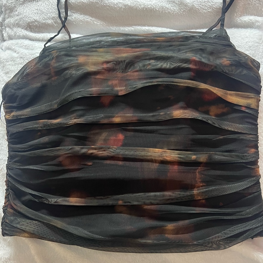 Gianni Bini Black Tie-Dye Ruched Mesh Cami